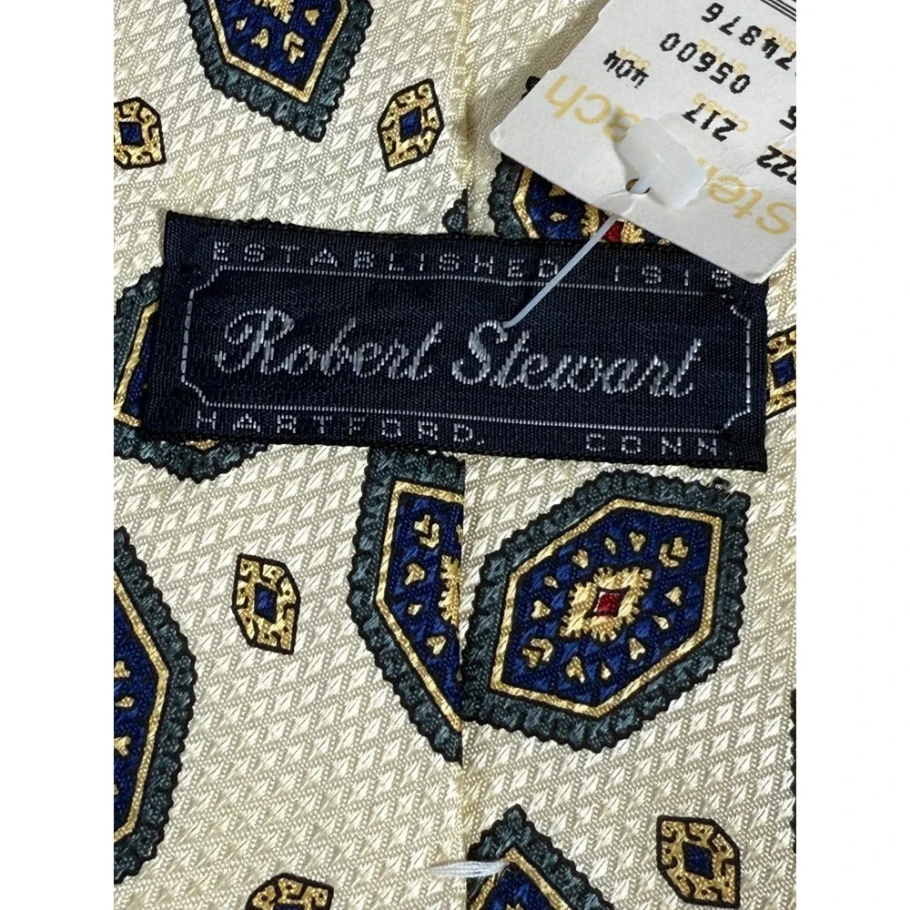 VTG NWT Silk Robert Stewart‎ Tie Beige USA Geometric Shapes Red Blue Green